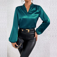 Women's Elegant Satin V-Neck Blouse, Puff Long Sleeve Cuff Top For Casual And Office Wear