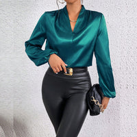 Women's Elegant Satin V-Neck Blouse, Puff Long Sleeve Cuff Top For Casual And Office Wear