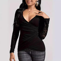 Solid-color Cross-join Lace-sleeve T-shirt