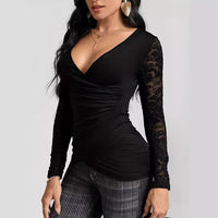 Solid-color Cross-join Lace-sleeve T-shirt